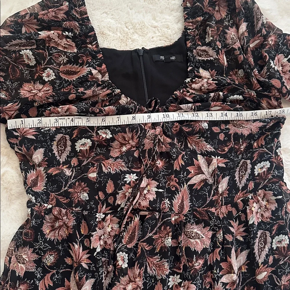 Madewell Black Floral Puff-Sleeve Dress with Pink, Maroon and Cream Blooms, 12 - Picture 15 of 16